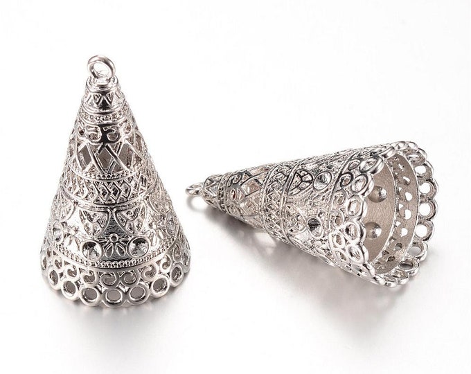 2pc 42x23mm platinum look metal cone shape large Tassel Cap Bail -platinum look