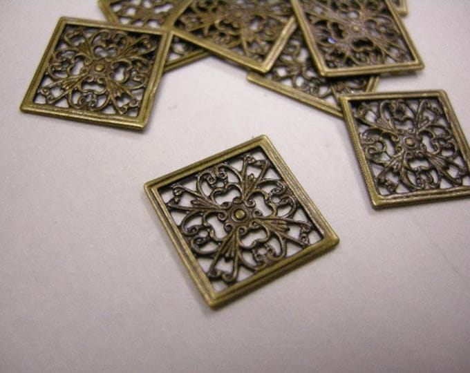 25pc 13mm antique bronze square filigree wraps-3754