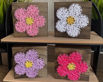 DAISY FLOWER - Custom Made Finished String Art Daisy Flower Shelf Sitter Wood Block - 55 String Colors  3.5x3.5 inch - Quick Shipping