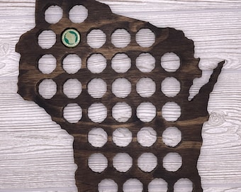 Wisconsin State Wood Beer Cap Holder- Gift for Men- Wisconsin Map Wall Art - 12x11.25x.5 inches