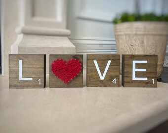 LOVE Valentines Day Freestanding Wood Letter Block Special - Letter Blocks and String Art Heart - 55 String Color Options -