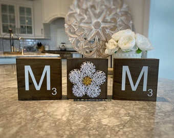 Mother's Day MOM Freestanding Wood Blocks Special  - Letter Blocks and String Art Flower Block - 3.5x3.5x1.2 inches - FREE Shipping