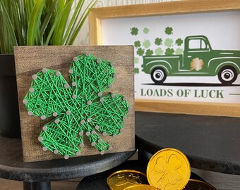 SHAMROCK/CLOVER - Custom Made Finished String Art Shamrock St. Patricks Day Shelf Sitter Wood Block - 55 String Color Options 3.5x3.5 inch