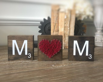 Mother's Day Mom Freestanding Wood Blocks Special - Letter Blocks and String Art Heart - 55 String Color Options - FREE SHIPPING