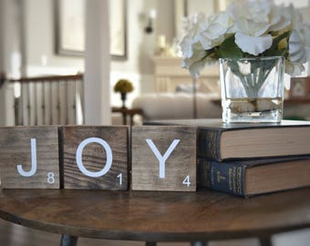 1-3 Freestanding Large Scrabble Letter Tile Wood Blocks for Mantel, Shelf, Table, or Desk  - Spell Any Name or Word - 3.5x3.5 inches