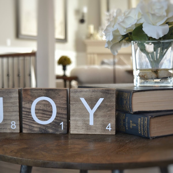 1-3 Freestanding Large Scrabble Letter Tile Wood Blocks for Mantel, Shelf, Table, or Desk  - Spell Any Name or Word - 3.5x3.5 inches