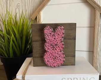 PEEP -Custom Made Finished String Art Peep Bunny Easter Shelf Sitter Wood Block - 55 String Colors 3.5x3.5 inch - QUICK Shipping