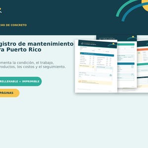 May include: A three-page digital maintenance log for concrete roofs in Puerto Rico, featuring text in Spanish, including sections for condition, work, products, costs, and follow-up. The document is labelled as a fillable and printable PDF.