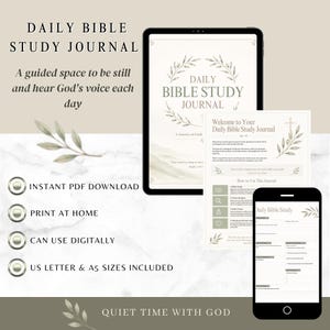 Op de afbeelding: Een digitaal dagelijks bijbelstudiejournaal weergegeven op een tablet en smartphone, met een neutraal kleurenpalet en botanische bladillustraties. De pagina's bevatten tekstkoppen, gestructureerde schrijfopdrachten en secties voor gebed en reflectie.