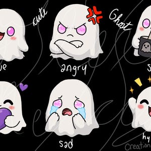 Può includere: Un set di illustrazioni digitali con sei fantasmi bianchi dagli occhi rosa, ognuno che mostra un'emozione diversa etichettata con il testo: wave, cute, angry, ghost, sips, love, sad e hype. I fantasmi sono raffigurati in varie pose, tra cui tenere un cuore viola, bere da una tazza nera e piangere lacrime blu, su uno sfondo nero.