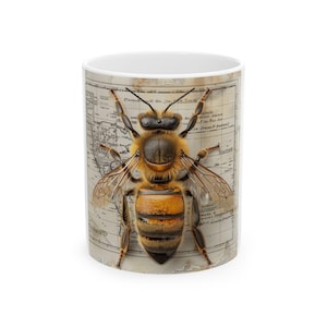 Honey Bee (Apis mellifera) on Vintage Map Ceramic Mug – Pollinator Art Drinkware