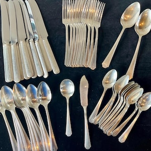 May include: A collection of silver-toned flatware including several dinner knives with straight blades, multiple forks with four tines, and various spoons of different sizes. The set features a simple, smooth handle design with a subtle tapered edge.