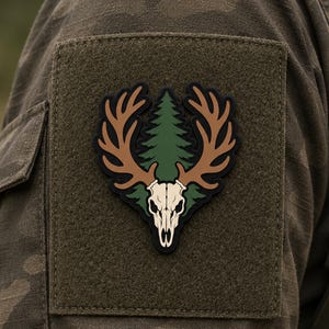 Tactical Deer Skull PVC Patch | Evergreen Pine Forest Antlers Emblem | Hook and Loop Badge
