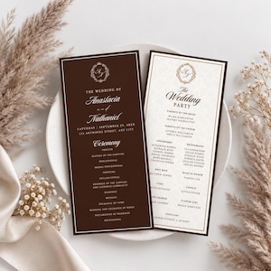 May include: Two rectangular wedding program cards with dark brown and cream color schemes. The left card features the text The Wedding of Anastacia and Nathaniel with ceremony details. The right card lists the wedding party members and parents.