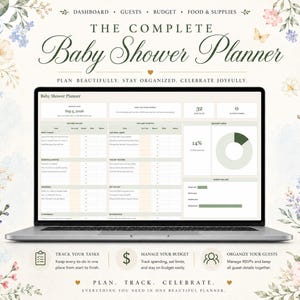 May include: A laptop displaying a digital baby shower planner interface with task lists, budget tracking, and guest management sections. The screen shows text including THE COMPLETE Baby Shower Planner, PLAN BEAUTIFULLY, STAY ORGANIZED, CELEBRATE JOYFULLY, and PLAN. TRACK. CELEBRATE.