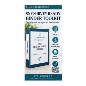 May include: A dark teal binder labeled SNF SURVEY READY BINDER with a white cover insert featuring a heart icon, text, and a leaf graphic. The toolkit includes 46 pages, instant download, print at home options, and an editable Word file included.