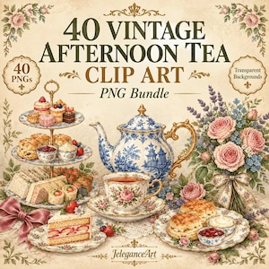 May include: A digital collection titled 40 VINTAGE AFTERNOON TEA CLIP ART PNG Bundle featuring illustrations of a tiered dessert stand, a blue and white teapot, a floral teacup, a strawberry cake slice, scones, and a bouquet of pink roses.