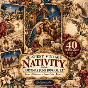 Puede incluir: Un kit de diario de Navidad de 40 hojas con temática de natividad vintage que incluye páginas imprimibles, efímeras, recortes y papeles. La colección muestra escenas de la natividad, ángeles, corderos y reyes magos en un estilo cálido y decorativo.