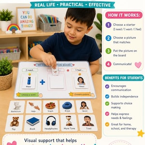 May include: A white communication board with sections labeled I need, I want, and I feel. It includes various square cards featuring images of a bathroom, help, snack, break, quiet, toy, book, headphones, more time, and tired, plus instructional text.