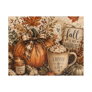 Pode incluir: Um quebra-cabeça com uma abóbora laranja com uma fita xadrez, uma caneca de café com chantilly rotulada COFFEE & COZY, uma vela rotulada SWEATER WEATHER e uma placa escrita fall IS MY FAVORITE, cercado por folhas de outono e bagas.