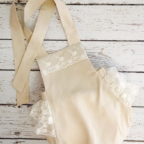 Beige Linen Baby Girl Romper With Lace Trimming Etsy