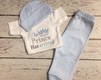 Take Me Home Outfit The Prince has arrived (Layette Wear) Name or Initial Included! solid blue