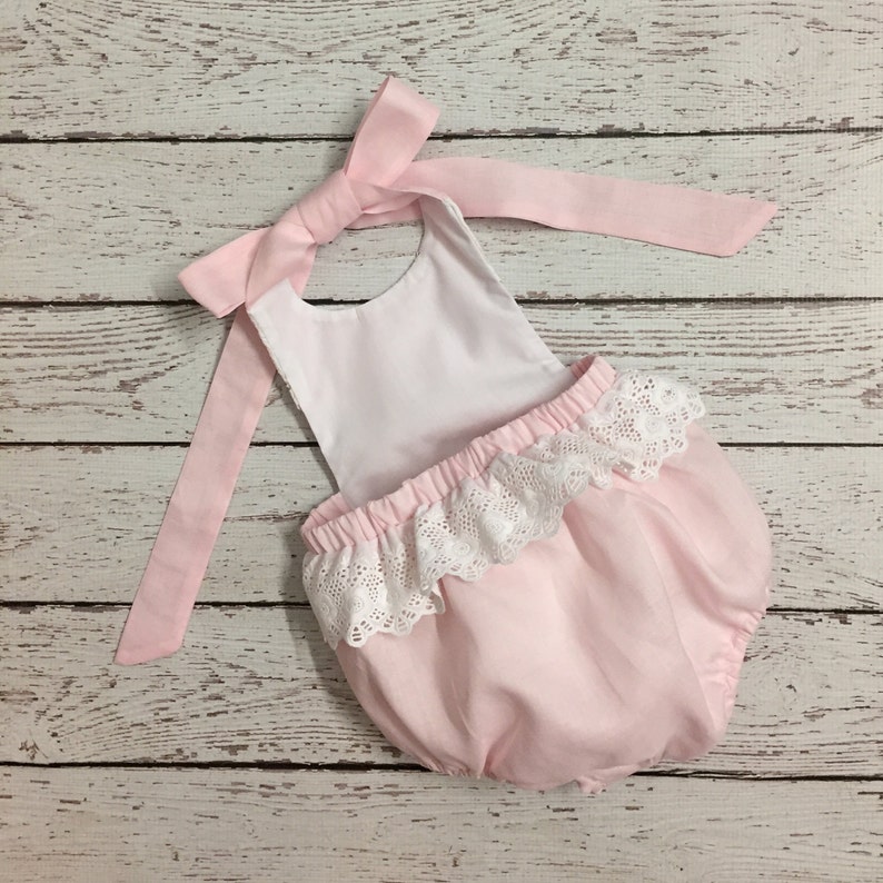Pink Linen Baby Romper With Lace Trimming Etsy