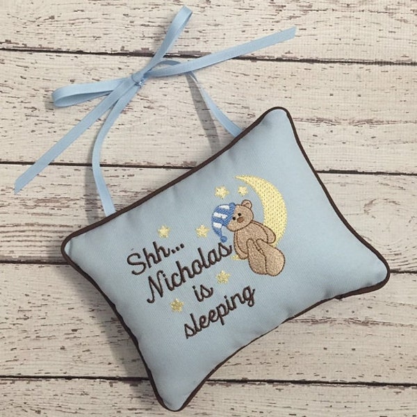 Shhh Pillow - Doorknob Personalized Pillow - Baby Sleeping Door Pillow Moon Bear