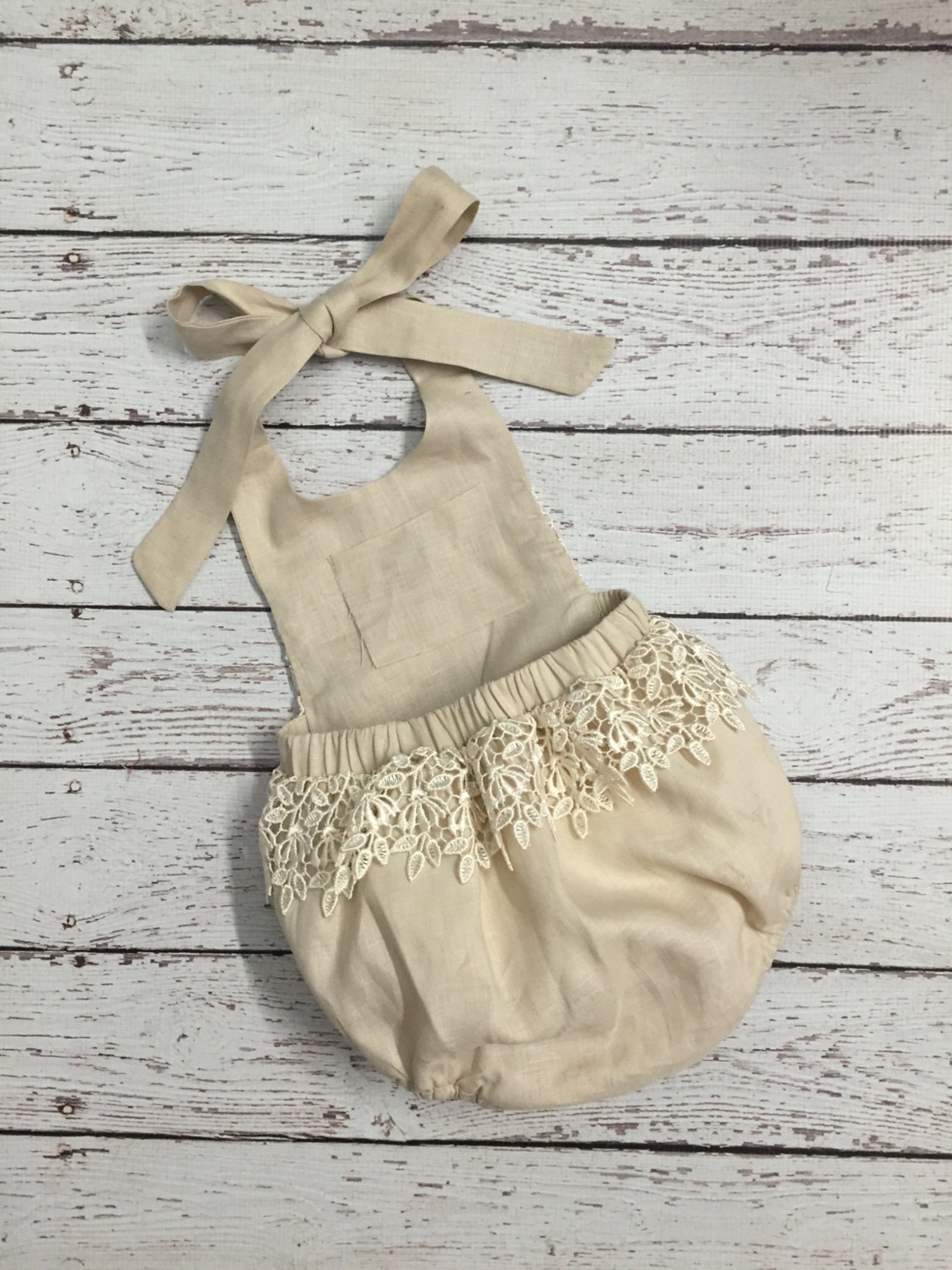Beige Linen Baby Girl Romper With Lace Trimming Etsy