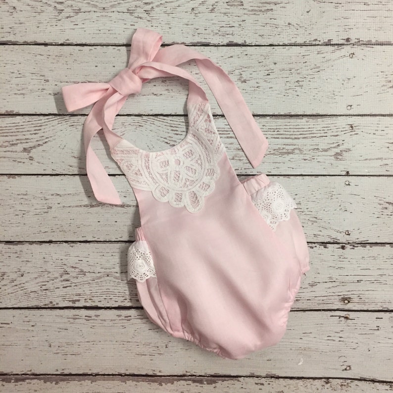 Pink Linen Baby Romper With Lace Trimming Etsy