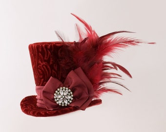 Wine Red mini top hat, Burlesque hat, Gothic, Steampunk, Bachelorette hat, Showgirl, Mad Hatter, Alice in Wonderland, Fascinator, Derby hat