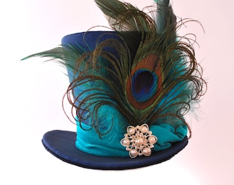 Burlesque, Gothic, Steampunk, Victorian, Showgirl, Moulin Rogue, Blue Navy Mini Top Hat Taffeta Iridescent, peacock feather