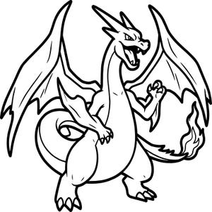 May include: A black and white line art illustration of a dragon-like creature with large wings, sharp claws, and a flame at the tip of its tail. The creature is depicted in a standing pose with its mouth open, showing teeth, and horns on its head.