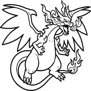 May include: A black and white line art illustration of a dragon-like creature with large wings, sharp claws, and a long tail ending in a flame. The creature has a horned head, an open mouth with visible teeth, and flames emanating from its head.