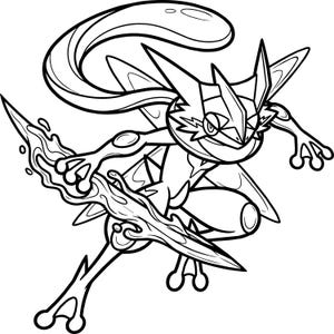 May include: A black and white line art illustration of a bipedal creature with a pointed head, large eyes, and a long scarf-like appendage. The creature is in a dynamic pose, holding a jagged, blade-like object in one hand with webbed feet.