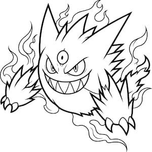 May include: A black and white line art illustration of a round, spiky creature with three eyes, a wide grin showing sharp teeth, and clawed hands. The creature is surrounded by stylized flames, creating a dynamic and energetic visual composition.