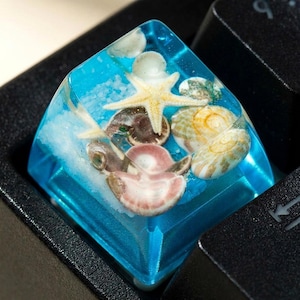 May include: A translucent blue resin keyboard keycap featuring an embedded miniature ocean scene. The design includes a small beige starfish, several white and brown seashells, and white sand particles suspended within the clear blue material.