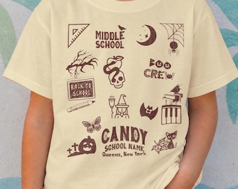 Camiseta personalizada de Halloween para jóvenes y niños, camiseta personalizada para colegiala, estilo para primaria y secundaria, camiseta con dibujos de iconos personalizados,