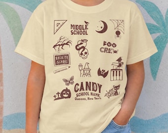 Camiseta personalizada de Halloween para jóvenes y niños, camiseta de colegiala, estilo primaria y secundaria, camiseta con dibujos de iconos personalizados,