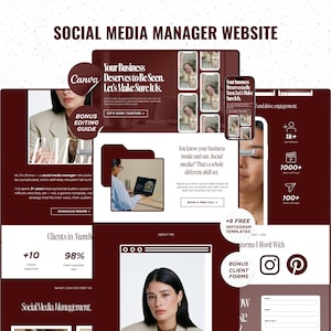 Puede incluir: Una plantilla de sitio web digital para gestores de redes sociales con un esquema de color burdeos profundo, tipografía serif y secciones de diseño que incluyen una página sobre mí, estadísticas de clientes y servicios con elementos Canva.