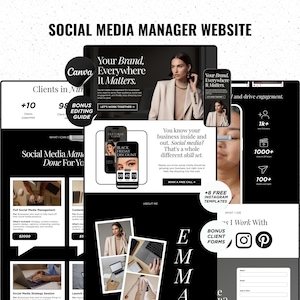 Könnte beinhalten: Eine digitale Vorlage für eine Social-Media-Manager-Website mit schwarz-weißen Layouts, Serifenschrift und fotografischen Elementen. Das Design enthält Abschnitte für Kundenreferenzen, Leistungsbeschreibungen und Kontaktformulare mit Canva-Branding.