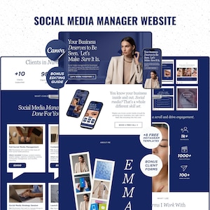 Puede incluir: Una plantilla de sitio web digital para un gestor de redes sociales con un esquema de colores azul oscuro y blanco. El diseño incluye secciones para estadísticas de clientes, paquetes de servicios y varias maquetas de pantallas de móviles.
