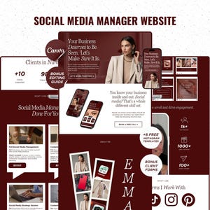 Può includere: Un modello di sito web digitale per social media manager con una combinazione di colori rosso scuro e bianco. Il layout include sezioni per testimonianze, servizi e icone social, con sovrapposizioni di testo come Your Business Deserves to Be Seen e Bonus Editing Guide.