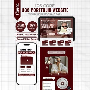 Op de afbeelding: Een digitaal sjabloon voor een iOS Core UGC Portfolio-website met een ingebouwd boekingsformulier. Het ontwerp in donkerrood en wit toont lay-outs voor mobiel en tablet, evenals tekstlabels en tijdelijke aanduidingen voor foto's en video's.