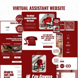 May include: A digital website template for a virtual assistant featuring a deep red colour scheme. The layout includes sections for client statistics, service descriptions, contact forms, and imagery of a person in red clothing, with Canva branding.