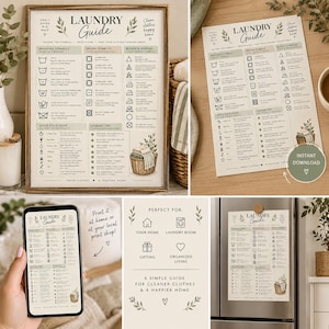 May include: A beige laundry guide wall art print featuring black text and illustrations of washing, drying, bleaching, and ironing symbols. The chart includes a quick stain guide and laundry tips, decorated with small green leaf accents and a basket.