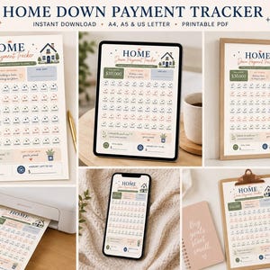 May include: A printable Home Down Payment Tracker PDF featuring a grid of small house icons for savings goals. The document includes fields for total amount, goal date, and progress tracking, with a color palette of soft green, blue, and peach.