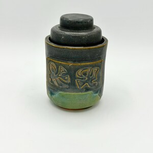 Small Ksatlai Jar & Lid: Earthy Green, Gunmetal Gray Glaze, Idrani Relief (Studio Pottery)