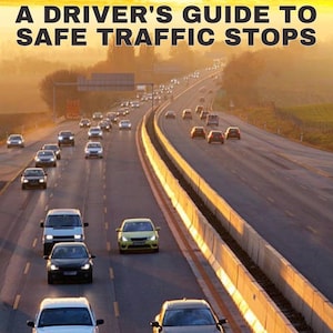 May include: A highway scene at sunset with multiple cars traveling in both directions, featuring the bold black text A DRIVER'S GUIDE TO SAFE TRAFFIC STOPS positioned at the top center of the image against the bright orange sky.