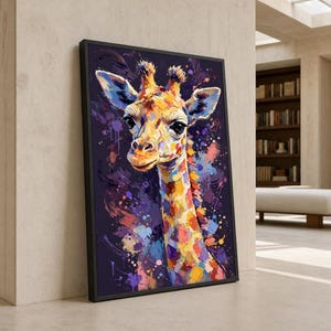 May include: A framed wall art print featuring a giraffe portrait rendered in a vibrant, abstract style with thick, visible brushstrokes. The giraffe is depicted in shades of yellow, orange, and blue against a dark purple background with paint splatters.